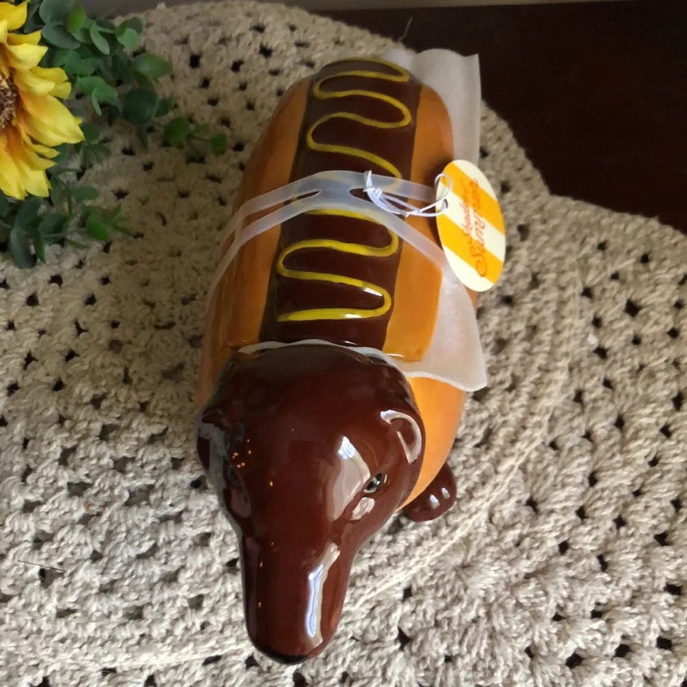 Dachshund Hot Dog Treat Cookie Jar - Brown and Yellow Ceramic